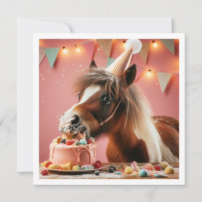 Horse eating cake birthday invitation, Horse lover Invitation (Front)