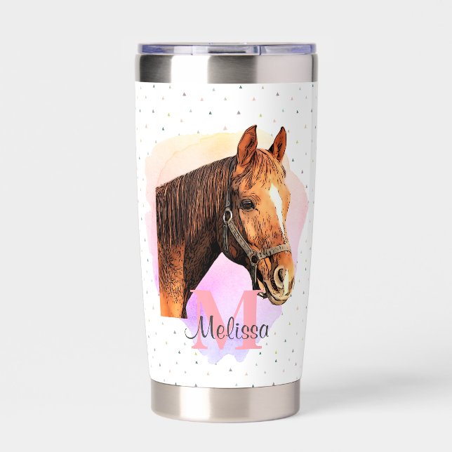 Horse Equestrian Animal Monogram Pattern Pink Insulated Tumbler (Front)