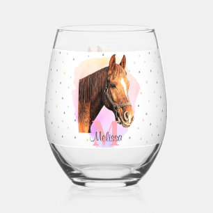 Horse Equestrian Animal Monogram Pattern Pink Stemless Wine Glass