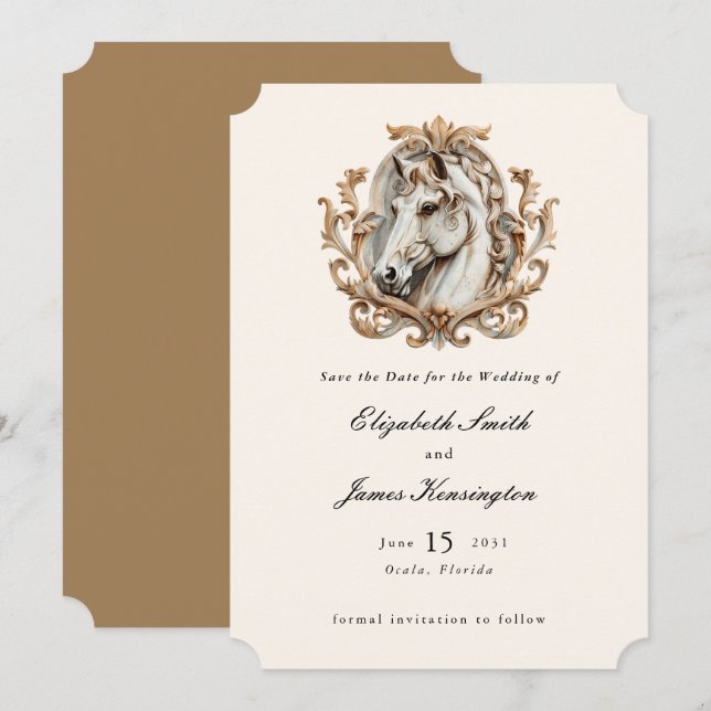 Horse Equestrian Crest Baroque Classic Wedding Save The Date (Front/Back)