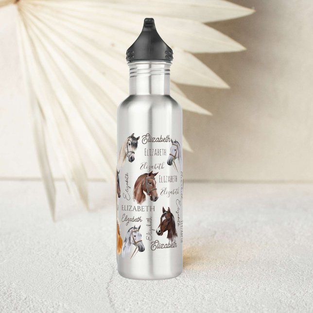 Horse equestrian gifts for girls personalised name 710 ml water bottle (Horse gifts for girls personalized name horse portrait collage water bottle equestrian gifts)