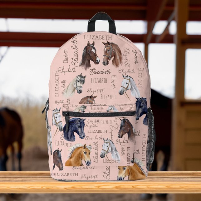 Horse equestrian gifts for girls personalised name printed backpack (Horse equestrian gifts for girls personalized name collage with horses printed backpack horse girl)