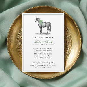Horse Equine Green Elegant Vintage Baby Shower Invitation