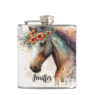 Horse face with flower wreath                      hip flask