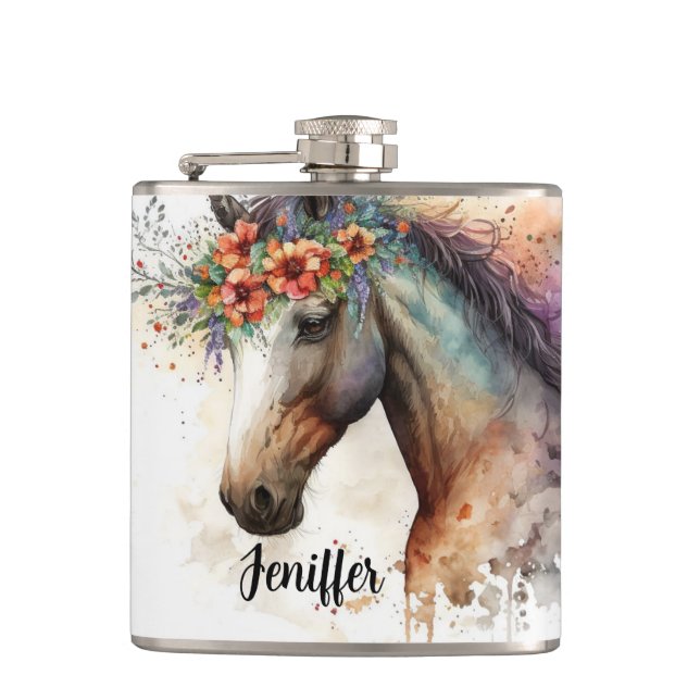 Horse face with flower wreath                      hip flask (Front)