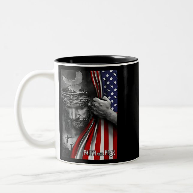 Horse Faith over fear Jesus American Flag Patriot  Two-Tone Coffee Mug (Left)
