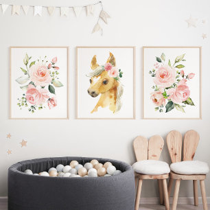 Horse, Farm Animals, Pink Flowers, Girl Nursery