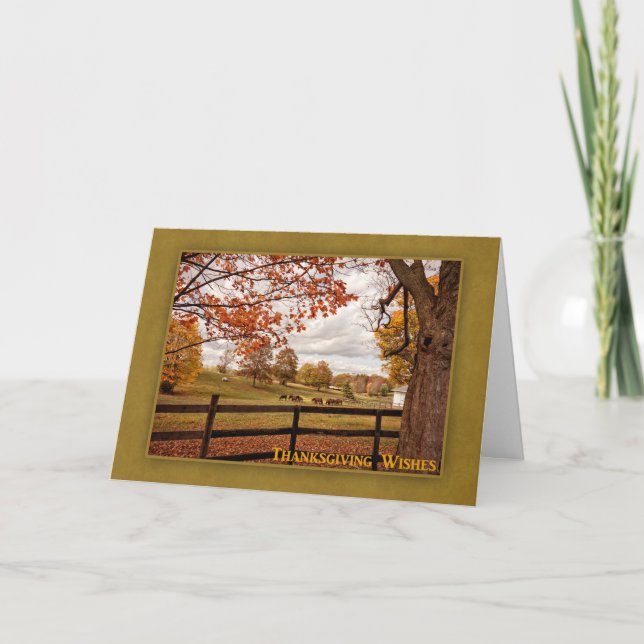 Horse Farm, Autumn Landscape, Thanksgiving Holiday Card (Front)