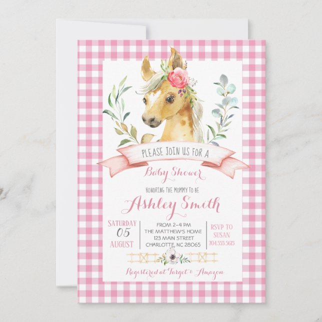 horse farm baby shower invitation pink girl (Front)