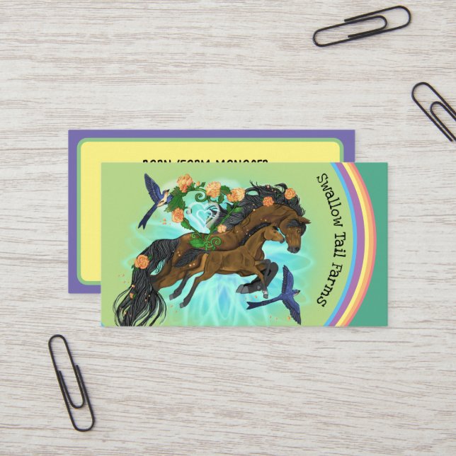 Horse Farm rainbow foal &momma horse Business Card (Front/Back In Situ)