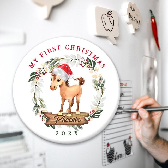 Horse first Christmas horse lover Magnet (Horse's 1st Christmas fridge magnet with cute horse in Santa hat graphic, personalized.)