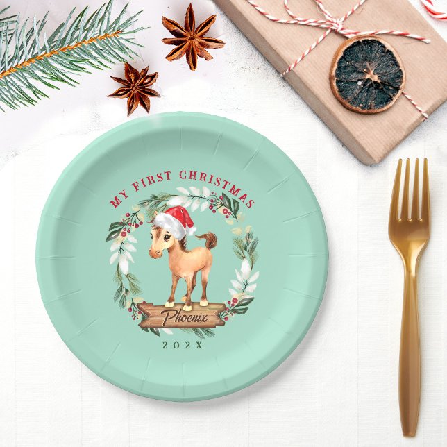 Horse first Christmas horse lover Paper Plate (Horse's 1st Christmas personalized paper plates with cute horse in Santa hat graphic.)