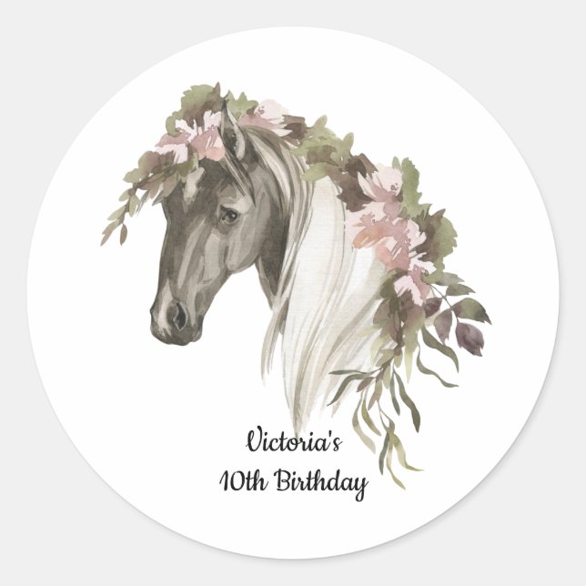 Horse floral birthday party classic round sticker (Front)