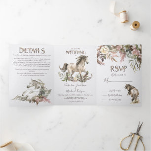 Horse Floral Ranch Wedding Tri-Fold Invitation