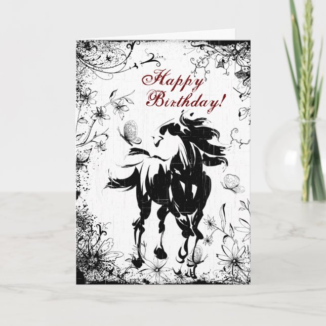 Horse, Flowers and Butterflies Happy Birthday Card (Front)