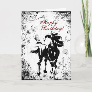 Horse, Flowers and Butterflies Happy Birthday Card