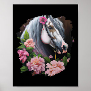Horse Flowers Cute Art Painting Flower Horseback R Poster