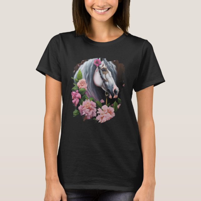 Horse Flowers Cute Painting Flower Horseback Ridin T-Shirt (Front)