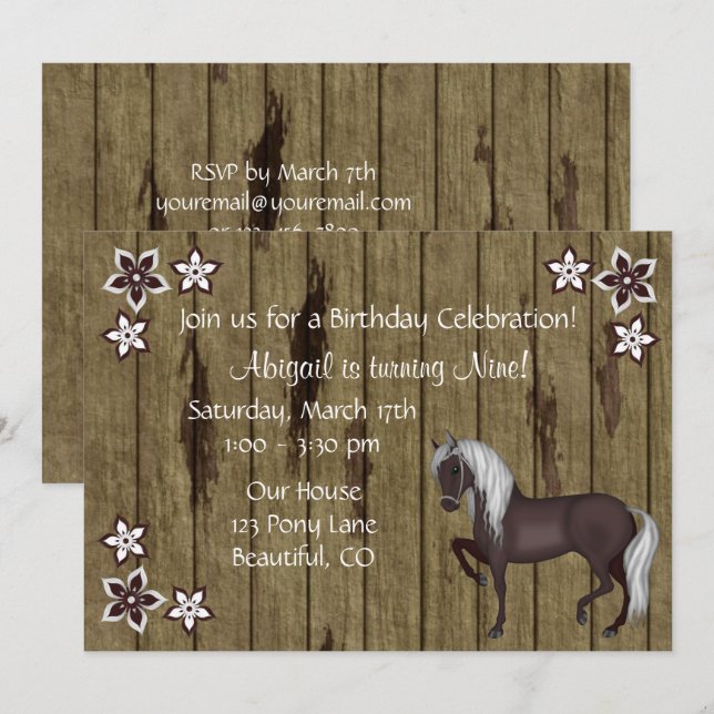Horse, Flowers, Wood Bkg Western Birthday Invite (Front/Back)