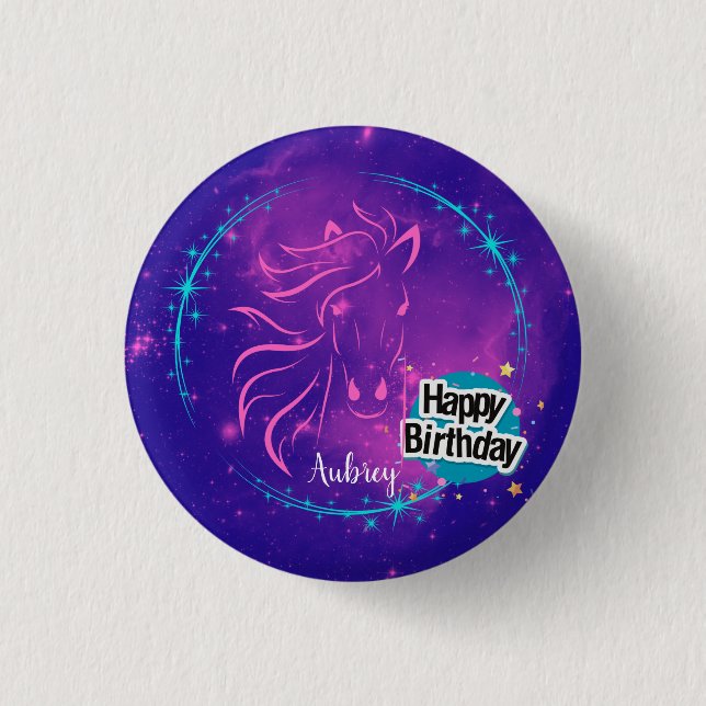 Horse Galaxy Happy Birthday Personalised  3 Cm Round Badge (Front)
