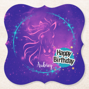 Horse Galaxy Happy Birthday Personalised  Paper Coaster