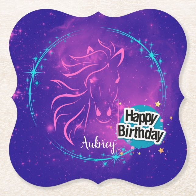 Horse Galaxy Happy Birthday Personalised  Paper Coaster (Front)