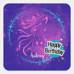 Horse Galaxy Happy Birthday Personalised  Square Sticker