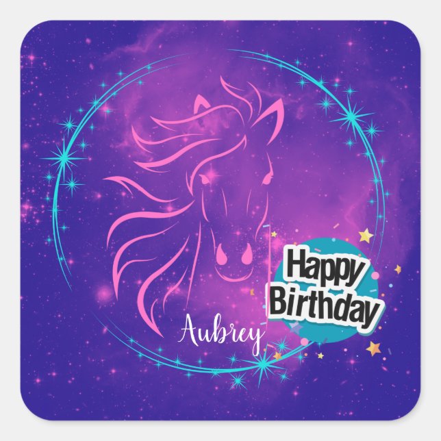 Horse Galaxy Happy Birthday Personalised  Square Sticker (Front)