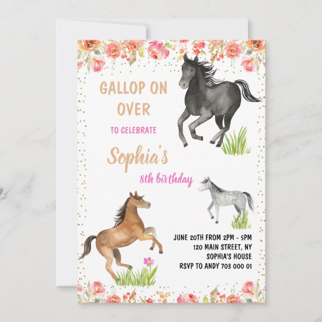 Horse Gallop on Over Girl Birthday Party Invitation (Front)