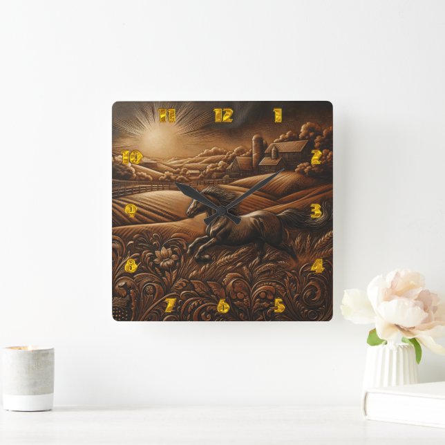 'Horse Galloping on Sunrise Hills' Square Wall Clock (Home)