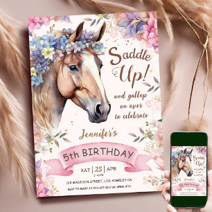 Horse Girl 5th Birthday Pink Flowers Saddle Up Invitation