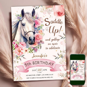 Horse Girl 5th Birthday Pink Flowers Saddle Up Invitation