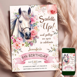 Horse Girl 6th Birthday Pink Flowers Saddle Up Invitation