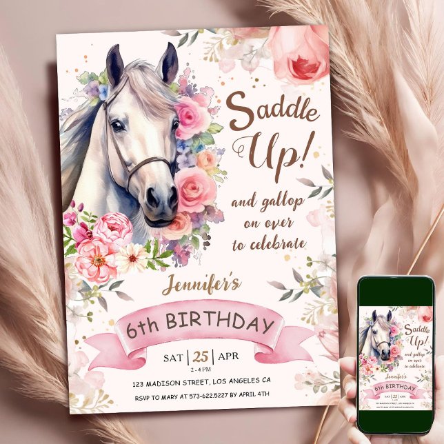 Horse Girl 6th Birthday Pink Flowers Saddle Up Invitation (Creator Uploaded)