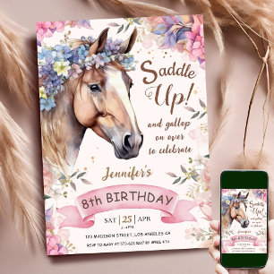 Horse Girl 8th Birthday Pink Flowers Saddle Up Invitation