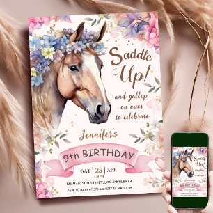 Horse Girl 9th Birthday Pink Flowers Saddle Up  Invitation