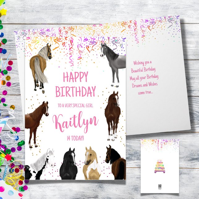 Horse Girl Birthday Card with Name and Age (Horse Lover Birthday Card with Name and Age, many horses different colors)
