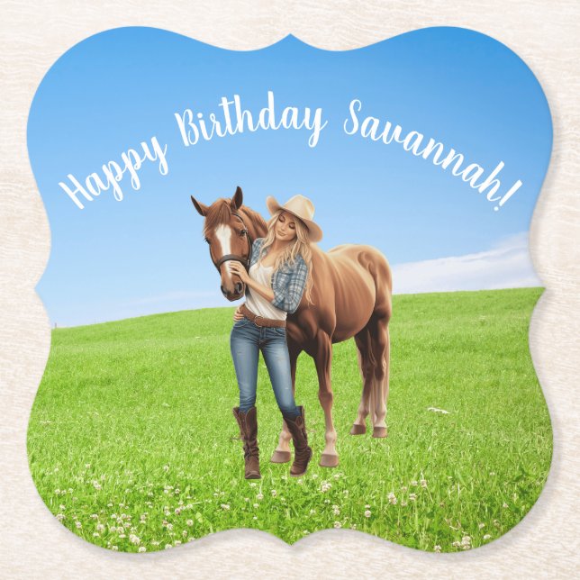 Horse Girl Birthday Celebration Special Message  Paper Coaster (Front)