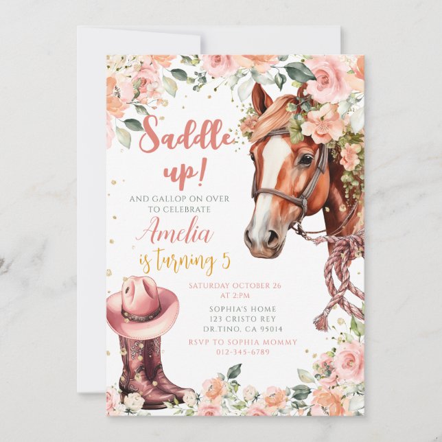 Horse Girl Birthday Cowgirl Pink Floral Invitation (Front)