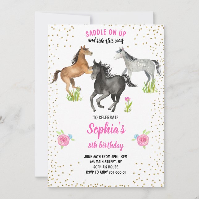 Horse Girl Birthday Invite Pink Floral (Front)