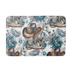 Horse girl cowgirl pattern turquoise floral bath mat
