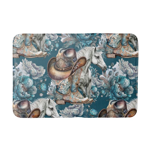 Horse girl cowgirl pattern turquoise floral bath mat (Front)