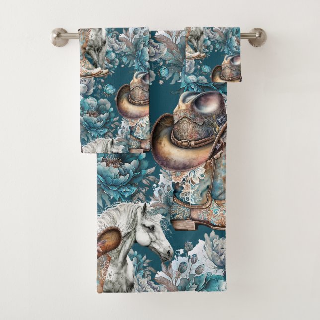 Horse girl cowgirl pattern turquoise floral bath towel set (Insitu)