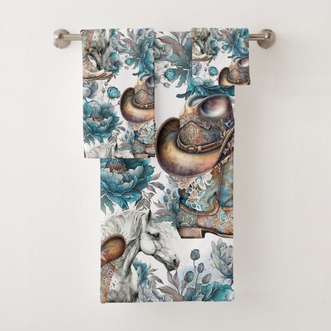 Horse girl cowgirl pattern turquoise floral bath towel set (Insitu)
