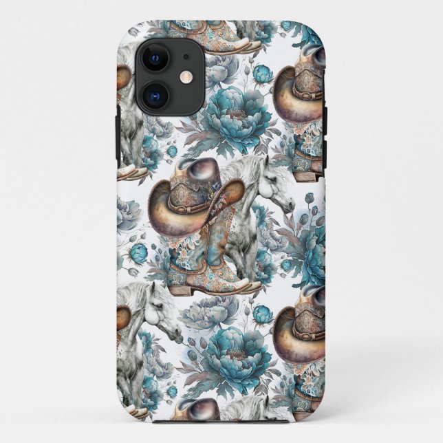 Horse girl cowgirl pattern turquoise floral Case-Mate iPhone case (Back)