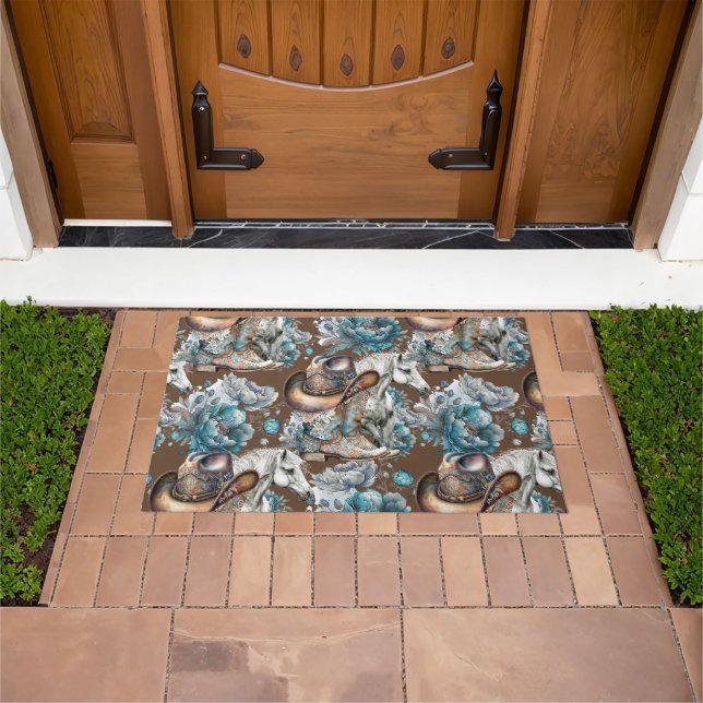 Horse girl cowgirl pattern turquoise floral doormat (Outdoor)