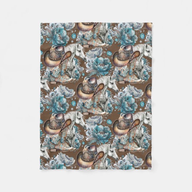 Horse girl cowgirl pattern turquoise floral fleece blanket (Front)