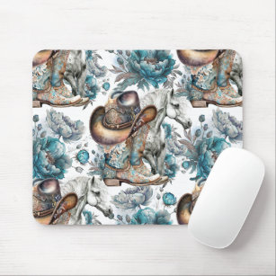 Horse girl cowgirl pattern turquoise floral mouse mat
