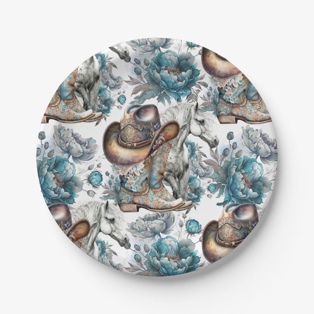 Horse girl cowgirl pattern turquoise floral paper plate (Front)