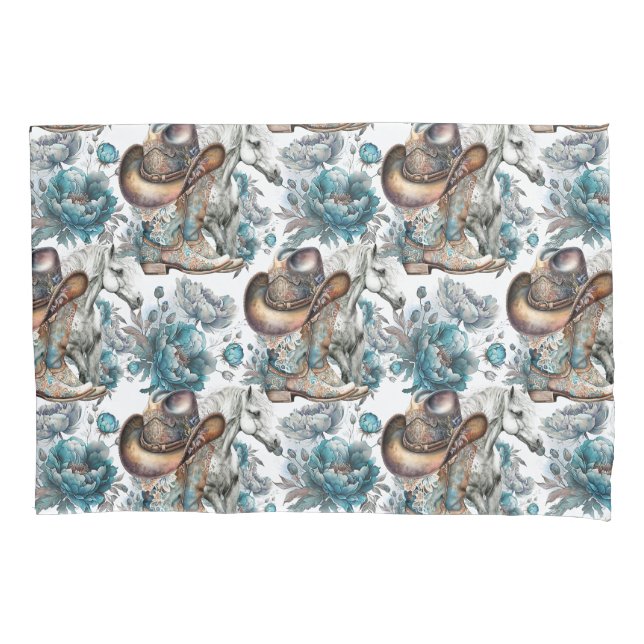 Horse girl cowgirl pattern turquoise floral pillowcase (Front)
